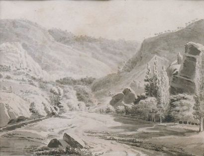 Attribué à CONSTANTIN D'AIX (1756-1844). Paysage de Provence. Lavis et encre. 20,5...