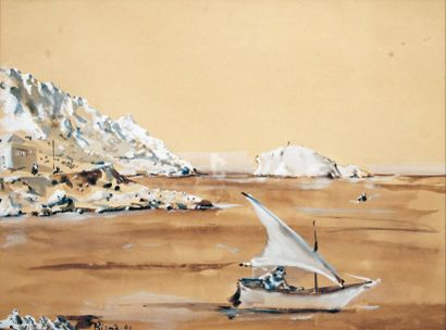 Christian BERARD (1902 - 1949) La grande voile ou bateau naviguant devant les calanques...