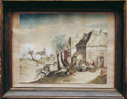 ECOLE DU XIXème s. dans le goût de Teniers. Scènes de réjouissance villageoises....