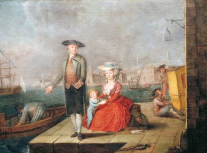 ECOLE FRANCAISE 1775. Débarquement de la famille Martin à Marseille. Toile d'origine,...