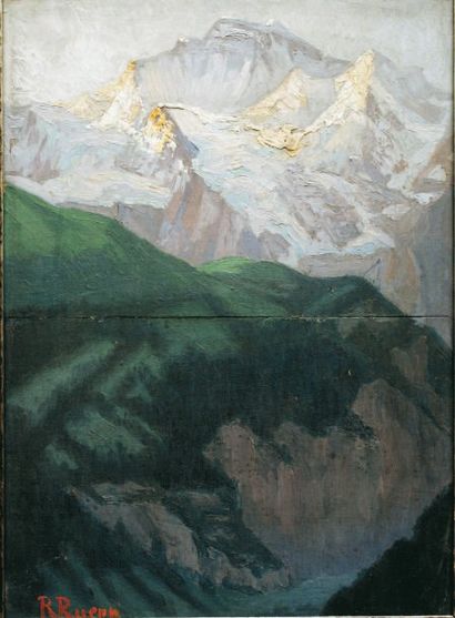 Richard RUEPP. Paysage de montagne. Huile sur panneau, signée en bas à gauche, située...