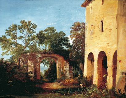 Charles Louis GUIGON (1807 -1882). Château de Marilly, près d'Evian. Huile sur carton,...