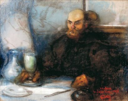 FORTUNEY Verlaine au verre d'absinthe. Pastel portant une inscription "Verlaine au...