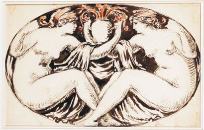 Richard GUINO Deux nus dans un médaillon, circa 1912 Sanguine, encre de Chine et...