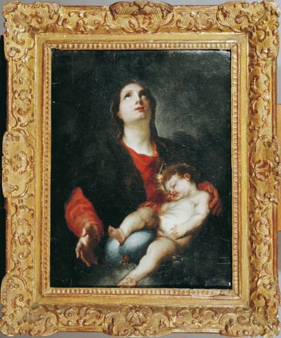 ECOLE FLAMANDE DU XVII Suiveur de Van DYCK Vierge à l'enfant. Toile marouflée sur...