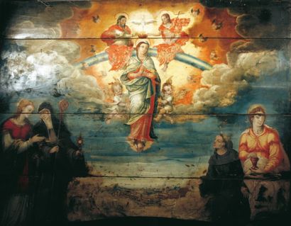 École Française du XVIIe siècle Le couronnement de la Vierge entourée de Saints Panneau,...