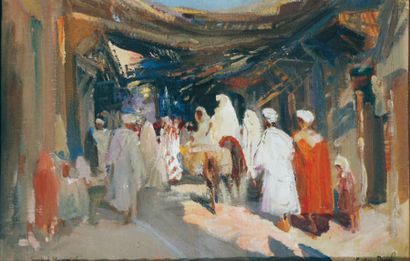 DUREL Gaston (1879 - 1954). Souk à Marrakech. Huile sur toile. Signée en bas à droite...
