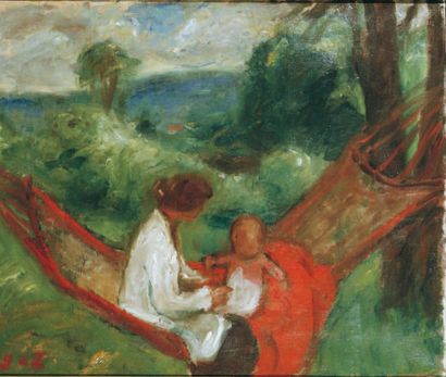 Georges d'ESPAGNAT (1870 - 1950) Femme et enfant dans un hamac. Toile monogrammée...