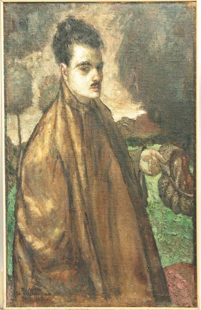 Ecole russe 1917 Portrait de jeune homme à la casquette Huile sur toile signée en...