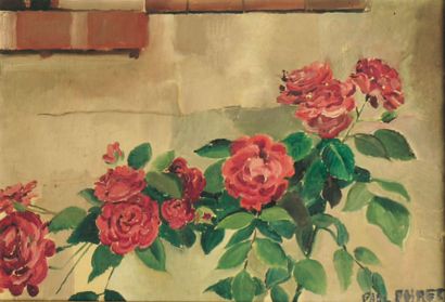 Paul POIRET (1879 - 1944) Roses le long d'un mur. Toile signée en bas à droite. 38...