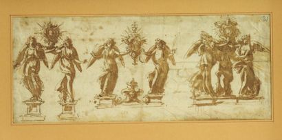 ECOLE ROMAINE XVIIème s. Projet d'ornement sculpté : anges portant un calice. Plume,...