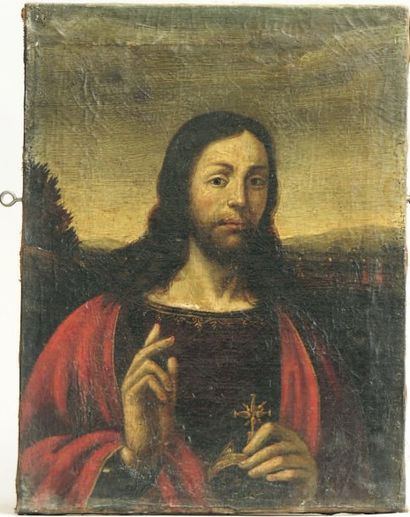 Ecole italienne XVIIème siècle Christ bénissant. Sur sa toile d'origine. 34 x 25,5...