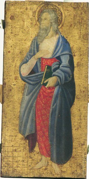 ECOLE ITALIENNE XIXème s., dans le goût de Sano di Pietro. Saint portant un livre....