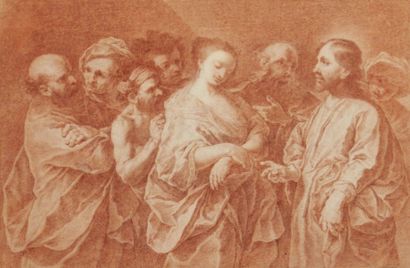 ÉCOLE ITALIENNE DU XVIIIÈME SIÈCLE Le Christ et la femme adultère Sanguine 23,5 x...