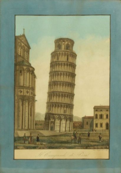  «Il Campanile di Pisal» GRAVURE en couleur rehaussée XVIIIème siècle 37 x 26,5c...