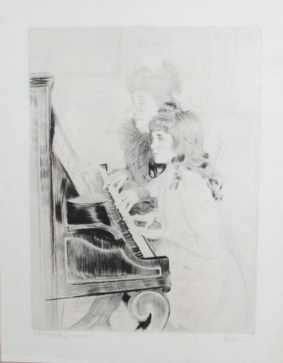Paul César HELLEU (1859-1927) «La leçon de piano» Pointe-sèche, signée en bas à droite...