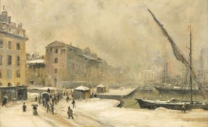 Etienne-Philippe MARTIN (1856-1945) «Port sous la neige» Huile sur panneau, signée...