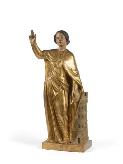  Sujet en bois sculpté représentant SAINTE BARBE en pied le bras droit bénissant,...