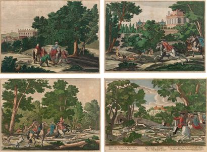  Série de QUATRE GRAVURES en couleurs représentant des scènes de chasse à courre...