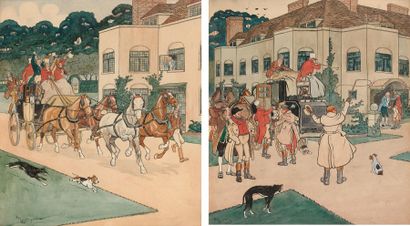 Harry Eliott (1882-1959) «L'arrivée de la calèche» Série de deux aquarelles gouachées,...