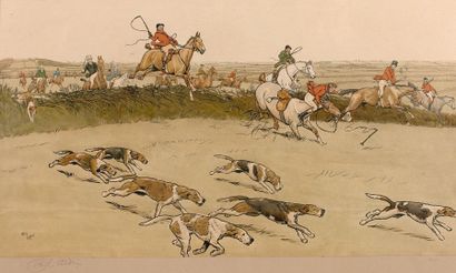 Cécil ALDIN (1870-1935) «La chasse à courre» Série de quatre pochoirs signés au crayon...