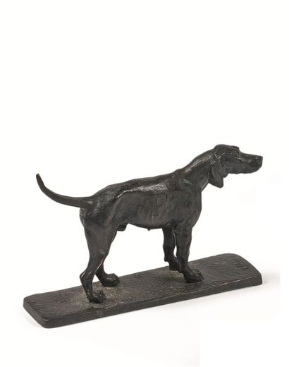 P. VILAIN (?) Bronze à patine noire représentant un chien de chasse signé sur la...