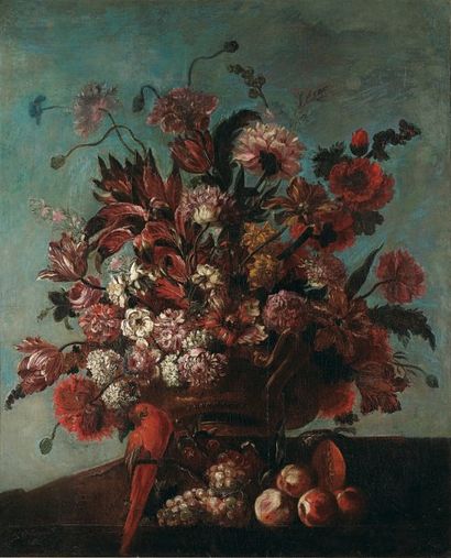 Attribué à Pierre Nicolas Huilliot (1674 - 1751) Perroquet et fruits près d'un bouquet...