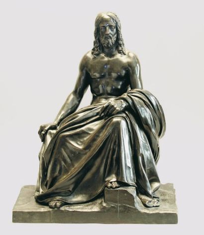 null ECOLE FRANCAISE vers 1840 Philosophe assis vêtu d'un drapé Bronze à patine noire....