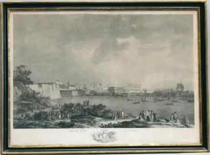 NOEL d'après Vue du port de Cadix Gravure en noir par Allix. 55 x 77 cm