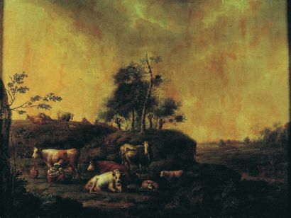 Petrus Johann REGEMORTER (1755-1830) Le repos du troupeau dans un paysage Toile,...