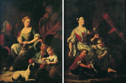 Stefano GHERARDINI (?1696 - Bologne 1756) Allégorie des cinq sens: Fileuse et enfants...