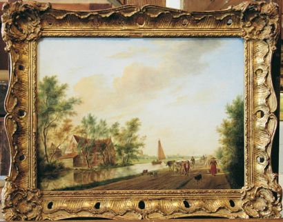 Johannes JANSON (Amboine 1729 - Leyde 1784) Promeneurs et paysans le long d'un canal...