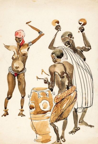 Paul COLIN (1892-1985) Danse Africaine Crayon gris et aquarelle 35,5 x 24,5 cm Très...