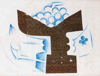Jean LEBAIGNE (1892-1975) La coupe de raisins Collage et crayons de couleurs sur...