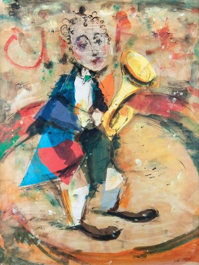 Jacinto SALVADO (1929-1985) Clown au tuba Collage et gouache sur papier journal signé...