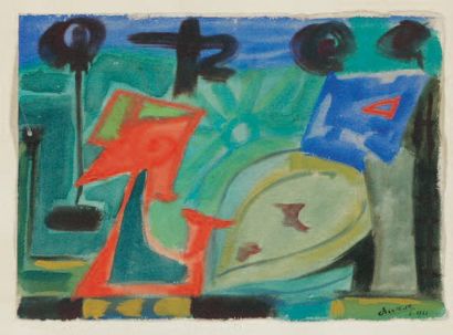 Jean BERTHOLLE (1909-1996). Composition, 8-1951. Aquarelle signée en bas à droite....