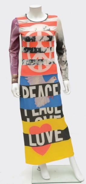 MOSCHINO Robe en jersey, motif «Peace and love», assemblée en patchwork, circa 1990-1995...