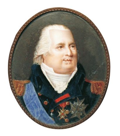 LA SAUGERE 1814 ou 1816 Portrait en buste du roi Louis XVIII. Miniature ovale, sur...