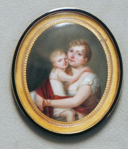 ECOLE GENEVOISE VERS 1805 Portrait de femme à mi-corps enlaçant un enfant. tous deux...