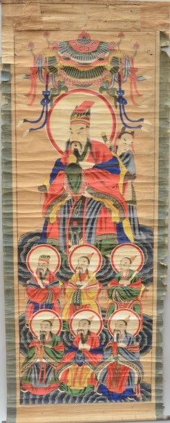 null Rouleau de peinture d’autel taoïste représentant un empereur accompagné de ses...