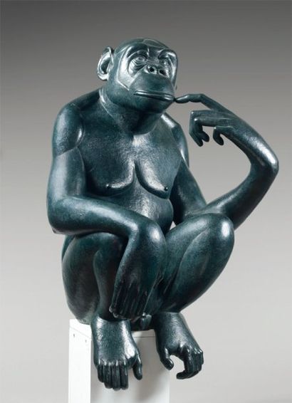 Florence JACQUESSON (née en 1962) Bonobo pensif Bronze à patine vert sombre, signé...