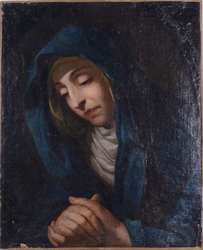null TA001 - Ecole française du XIXe siècle. Vierge en prière. Huile sur toile. Accidents,...