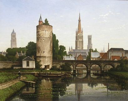 Franz STROOBANT Vue de Bruges Huile sur toile 92 x 115