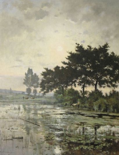 COOSEMANS Joseph Théodore (1828-1904) L'étang du curé à Henck Huile sur toile signée...