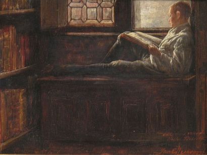 MEERVOORT Jan (XIXème s.) Jeune homme lisant Huile sur panneau, signée en bas à droite...