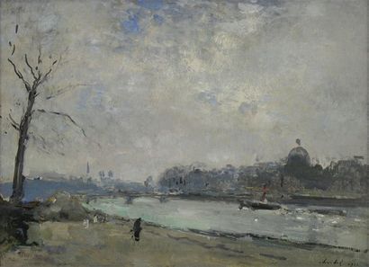 CHARLET Franz (1862 - 1928) Vue de la Seine à Paris Huile sur toile signée en bas...