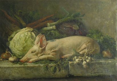 BELLIS Hubert (1831 - 1902) Le cochon Huile sur toile signée en bas à droite 70,5...