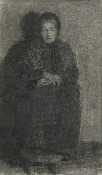 MELLERY Xavier (1845 - 1921) Vieille femme assise Crayon, plume et lavis gris et...