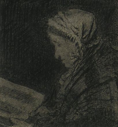 MELLERY Xavier (1845 - 1921) Vieille lisant Crayon et lavis d'encre sur papier 13,5...