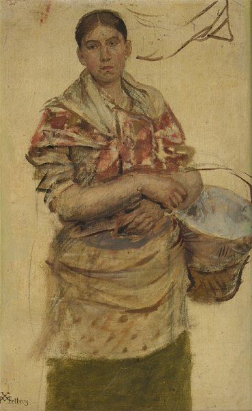 MELLERY Xavier (1845 - 1921) Femme au panier : retour du marché Huile toile marouflée...
